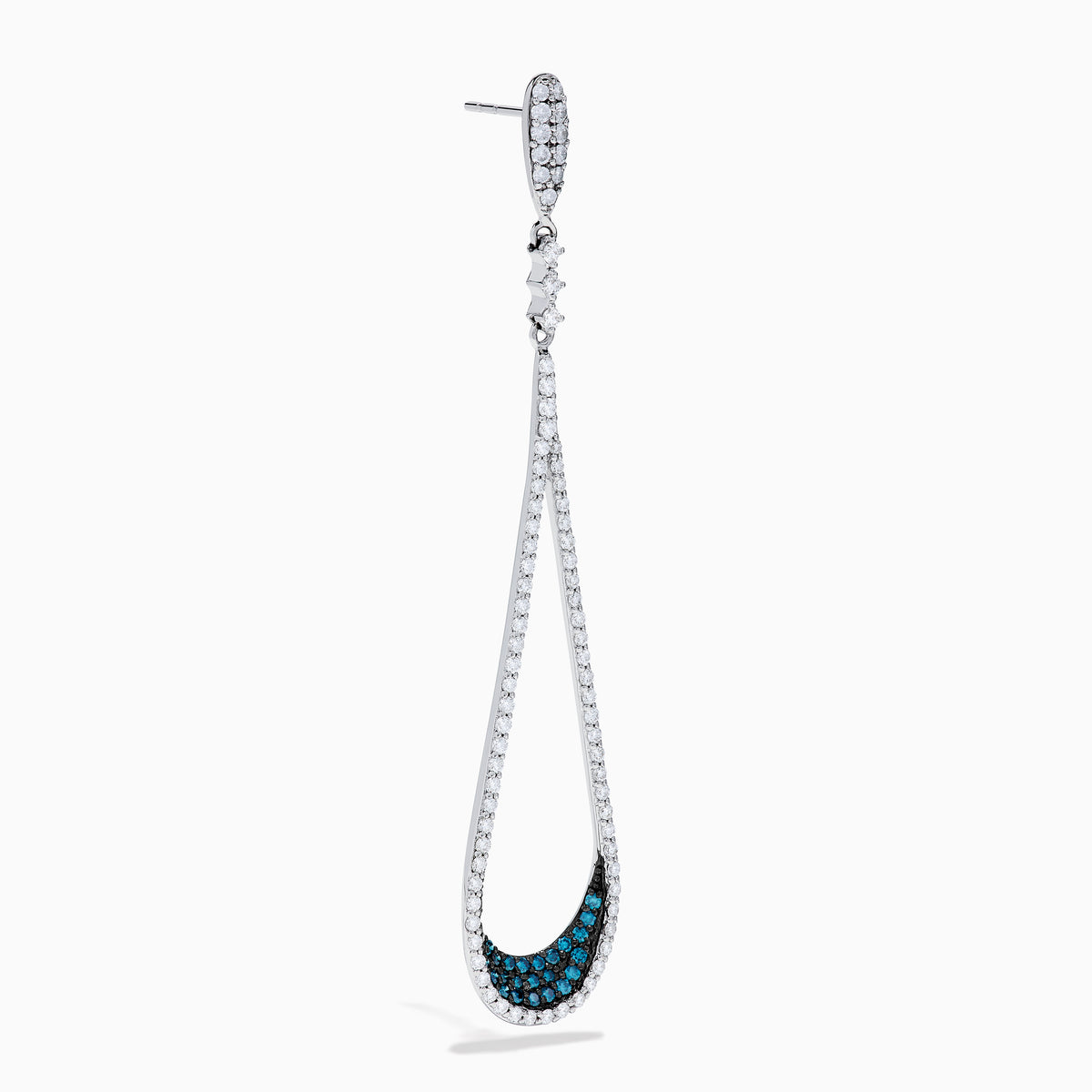 The 14K White Gold Blue and White Diamond Drop Earrings feature teardrop loops accented with sparkling white stones and blue stones near the bottom for a timeless, elegant look.