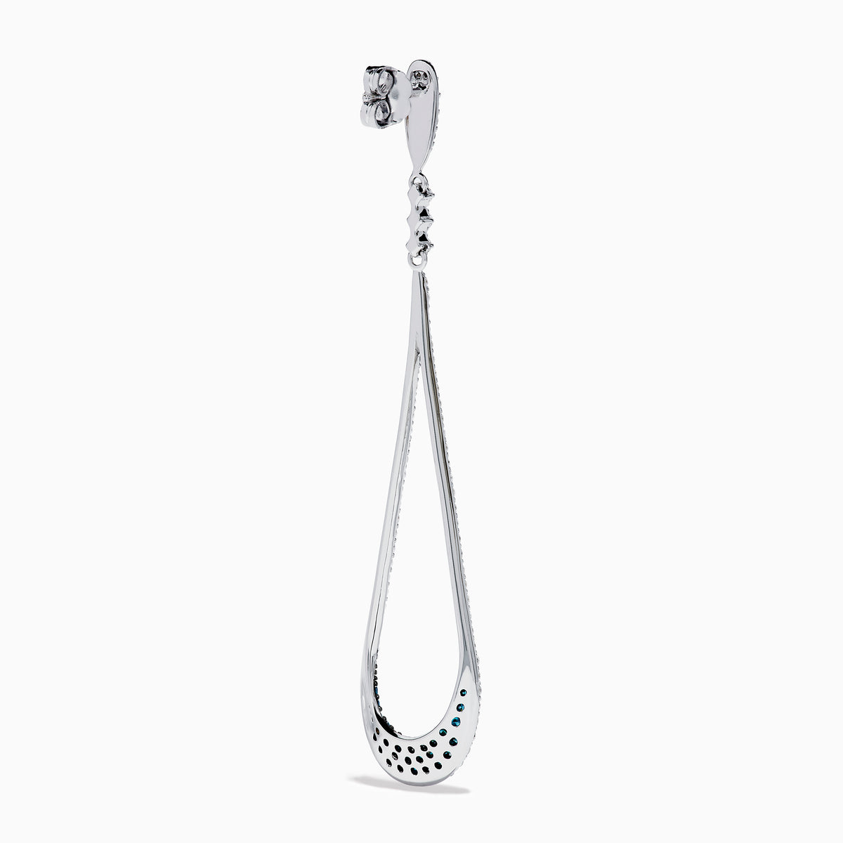 The 14K White Gold Blue and White Diamond Drop Earrings feature teardrop loops accented with sparkling white stones and blue stones near the bottom for a timeless, elegant look.