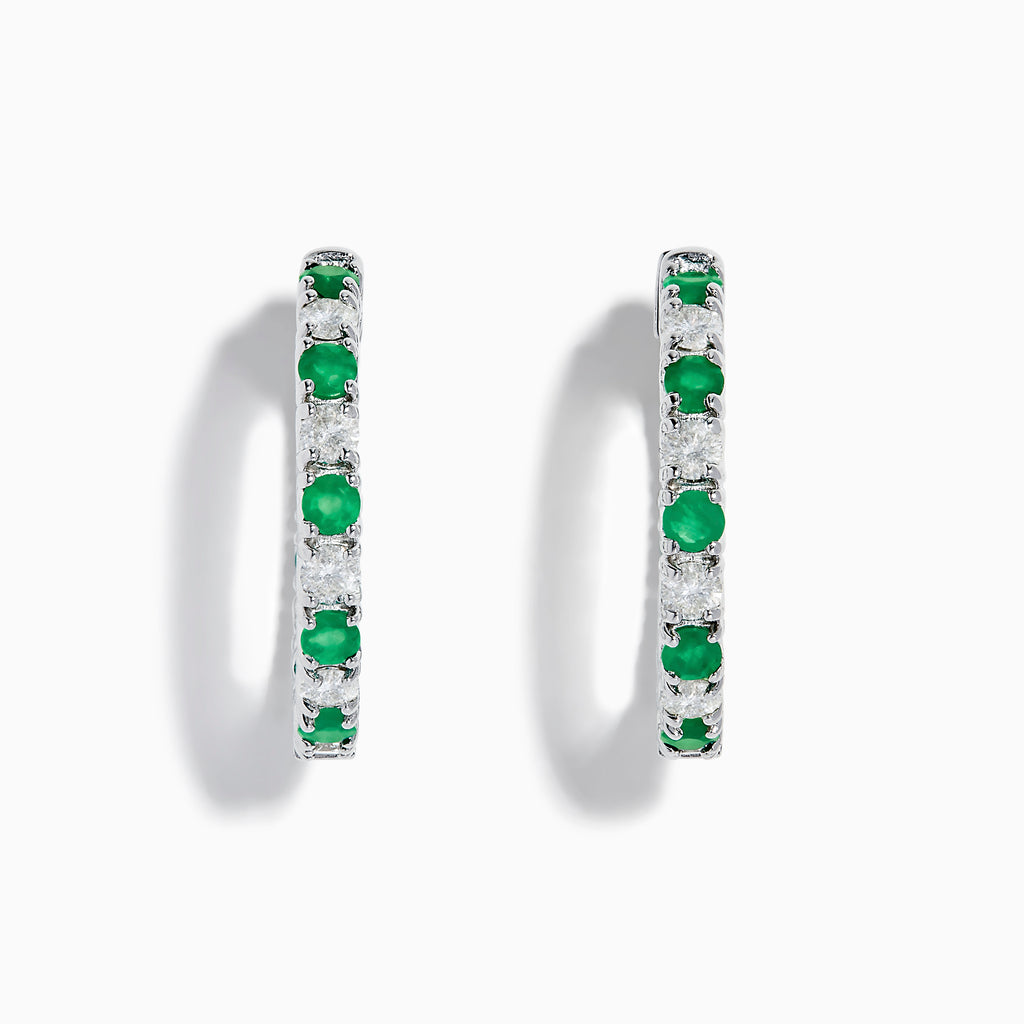 The 14K White Gold Emerald & Diamond Hoop Earrings, 3.58 TCW, feature alternating emerald and diamond gemstones set in white gold hoops, displayed on a white background with visible shadows.