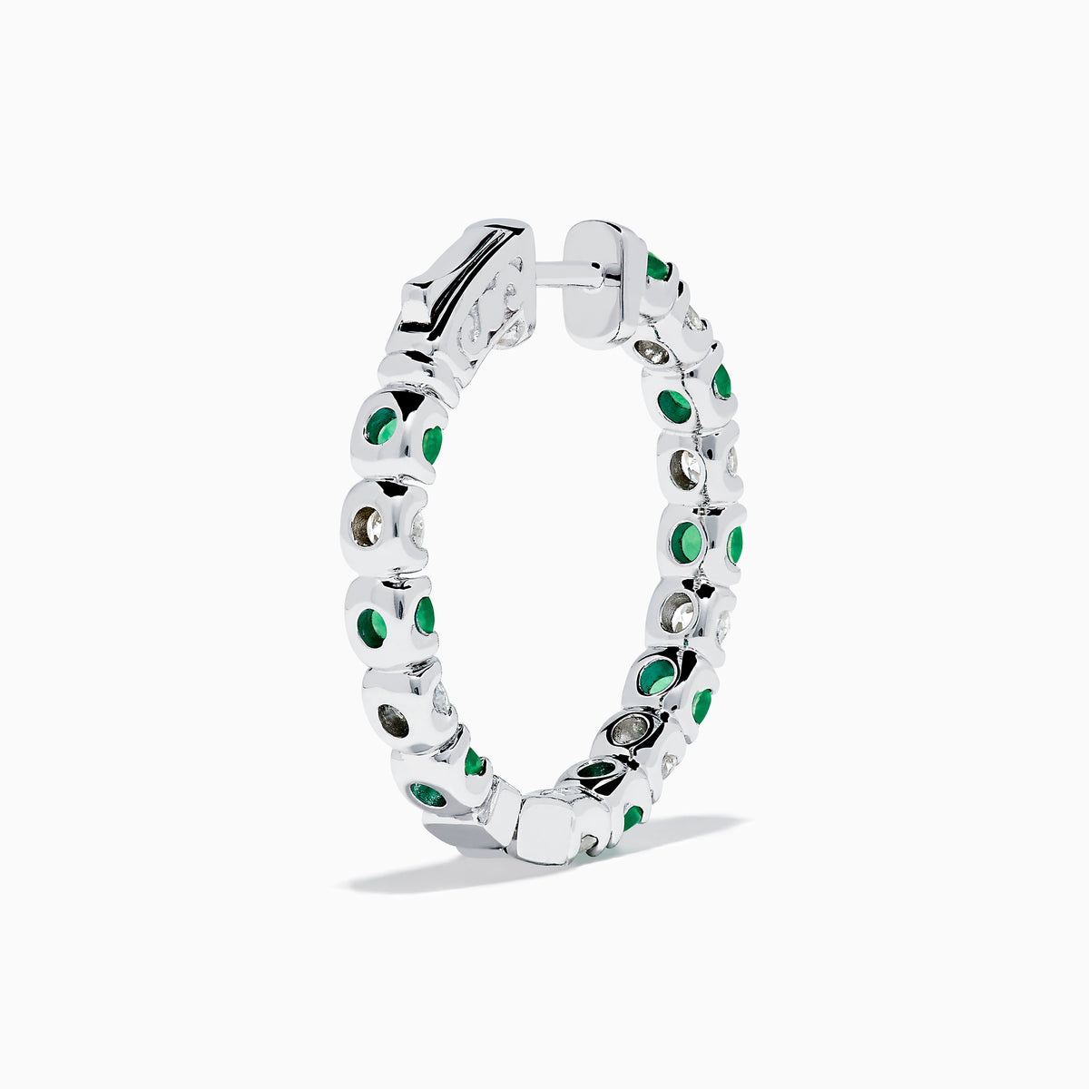 The 14K White Gold Emerald & Diamond Hoop Earrings, 3.58 TCW, feature alternating emerald and diamond gemstones set in white gold hoops, displayed on a white background with visible shadows.