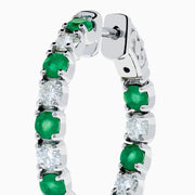 The 14K White Gold Emerald & Diamond Hoop Earrings, 3.58 TCW, feature alternating emerald and diamond gemstones set in white gold hoops, displayed on a white background with visible shadows.