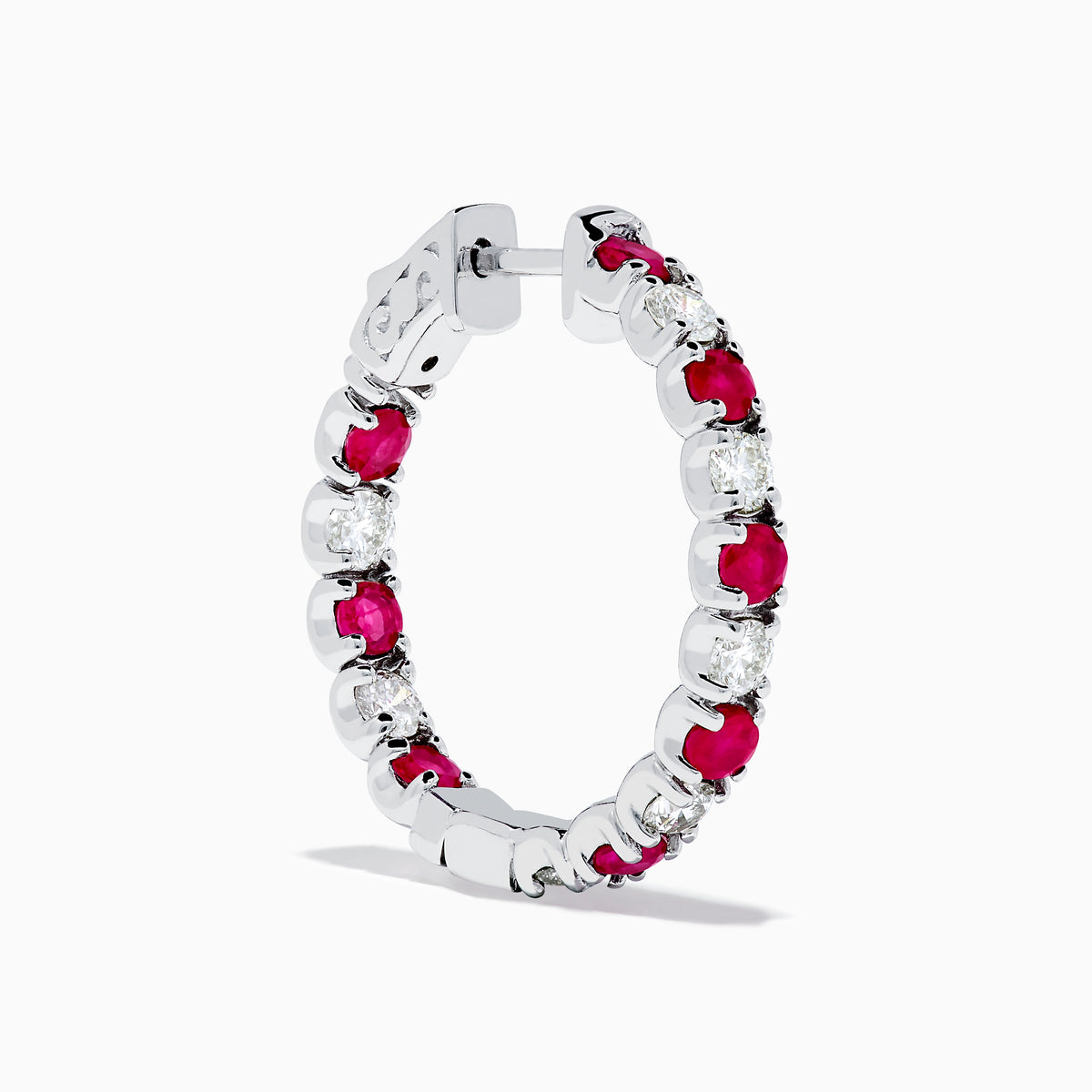 The 14K White Gold Ruby & Diamond Hoop Earrings, 3.58 TCW, feature alternating rubies and diamonds set in white gold hoops, shown on a white background.