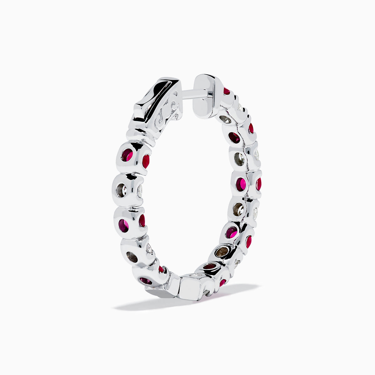 The 14K White Gold Ruby & Diamond Hoop Earrings, 3.58 TCW, feature alternating rubies and diamonds set in white gold hoops, shown on a white background.