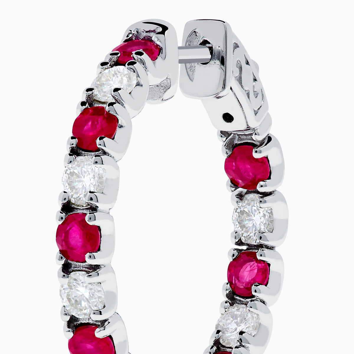 The 14K White Gold Ruby & Diamond Hoop Earrings, 3.58 TCW, feature alternating rubies and diamonds set in white gold hoops, shown on a white background.