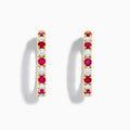 14K Yellow Gold Ruby & Diamond Hoop Earrings, 3.58 TCW, featuring alternating round red rubies and white diamonds, are displayed vertically on a white background.
