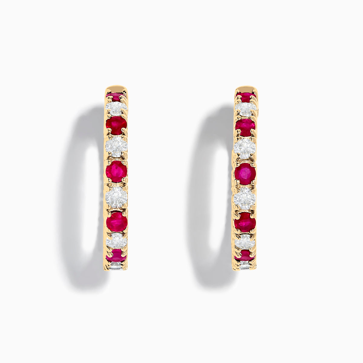 14K Yellow Gold Ruby & Diamond Hoop Earrings, 3.58 TCW, featuring alternating round red rubies and white diamonds, are displayed vertically on a white background.