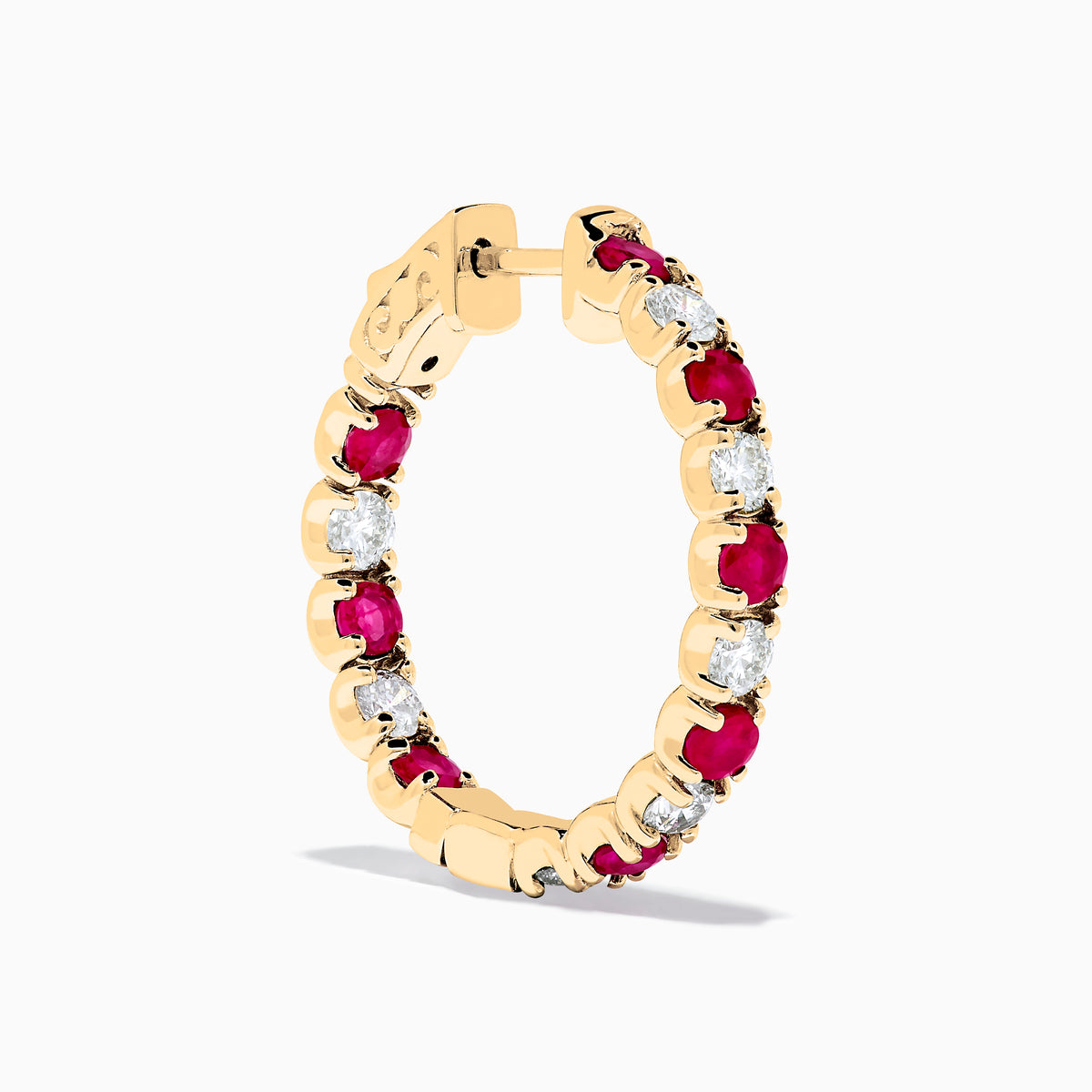 14K Yellow Gold Ruby & Diamond Hoop Earrings, 3.58 TCW, featuring alternating round red rubies and white diamonds, are displayed vertically on a white background.