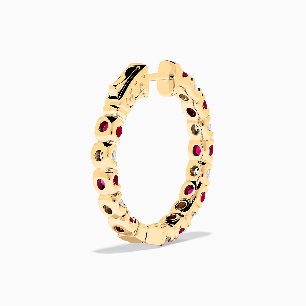14K Yellow Gold Ruby & Diamond Hoop Earrings, 3.58 TCW, featuring alternating round red rubies and white diamonds, are displayed vertically on a white background.