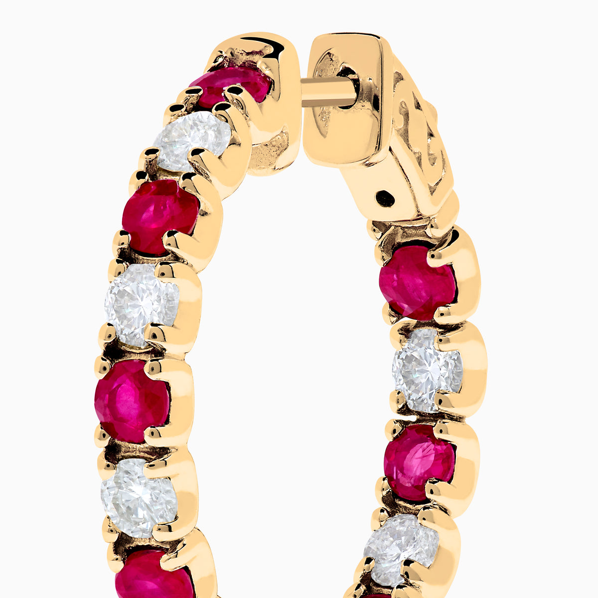 14K Yellow Gold Ruby & Diamond Hoop Earrings, 3.58 TCW, featuring alternating round red rubies and white diamonds, are displayed vertically on a white background.