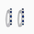 A pair of 14K White Gold Blue Sapphire & Diamond Hoop Earrings, 3.58 TCW, showcased against a plain white background.