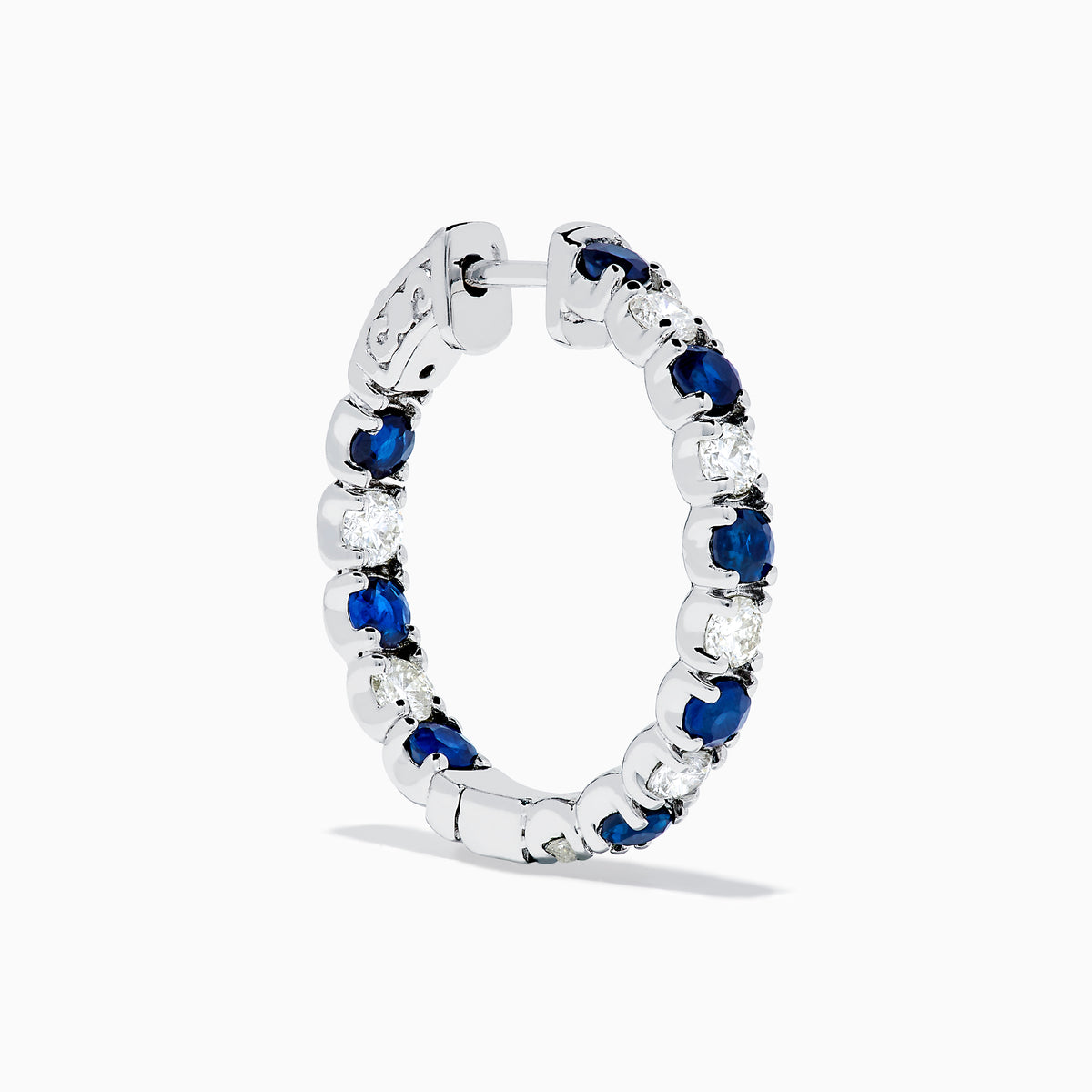 A pair of 14K White Gold Blue Sapphire & Diamond Hoop Earrings, 3.58 TCW, showcased against a plain white background.