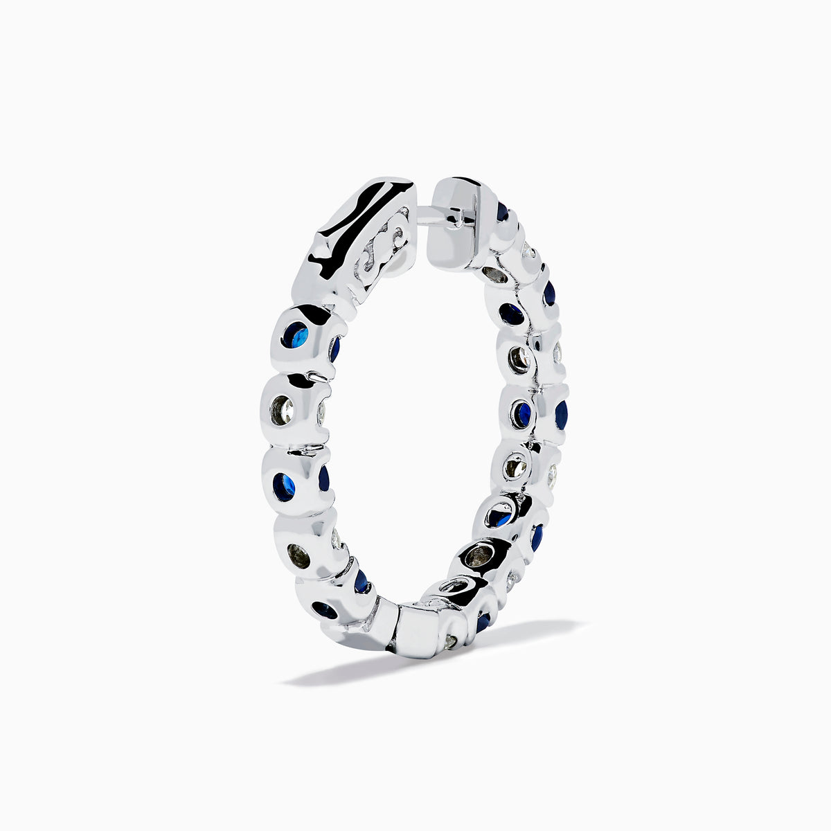 A pair of 14K White Gold Blue Sapphire & Diamond Hoop Earrings, 3.58 TCW, showcased against a plain white background.