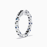 A pair of 14K White Gold Blue Sapphire & Diamond Hoop Earrings, 3.58 TCW, showcased against a plain white background.
