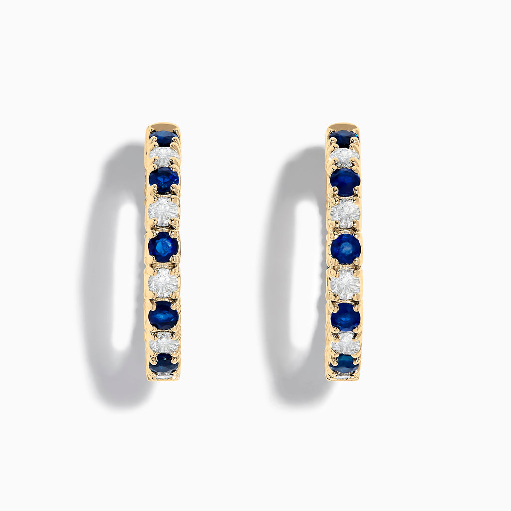 14K Yellow Gold Blue Sapphire & Diamond Hoop Earrings, 3.58 TCW, with alternating round blue sapphires and white diamonds, displayed on a plain white background.