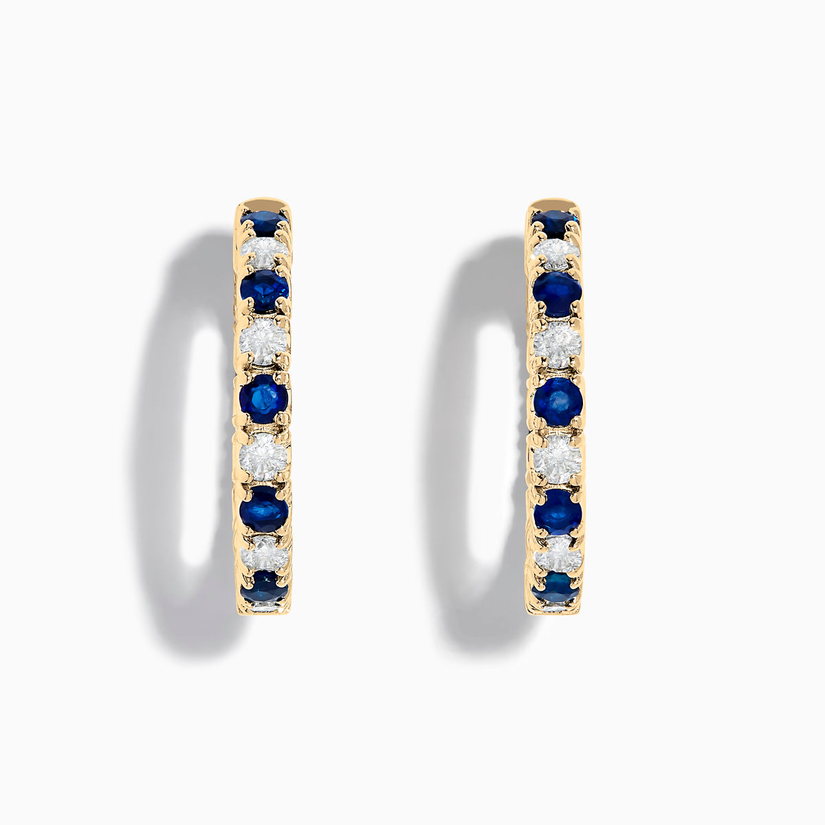 14K Yellow Gold Blue Sapphire & Diamond Hoop Earrings, 3.58 TCW, with alternating round blue sapphires and white diamonds, displayed on a plain white background.