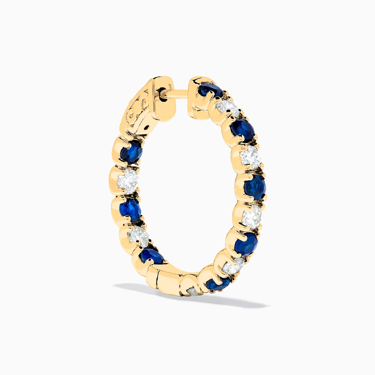 14K Yellow Gold Blue Sapphire & Diamond Hoop Earrings, 3.58 TCW, with alternating round blue sapphires and white diamonds, displayed on a plain white background.