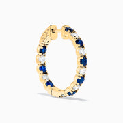 14K Yellow Gold Blue Sapphire & Diamond Hoop Earrings, 3.58 TCW, with alternating round blue sapphires and white diamonds, displayed on a plain white background.