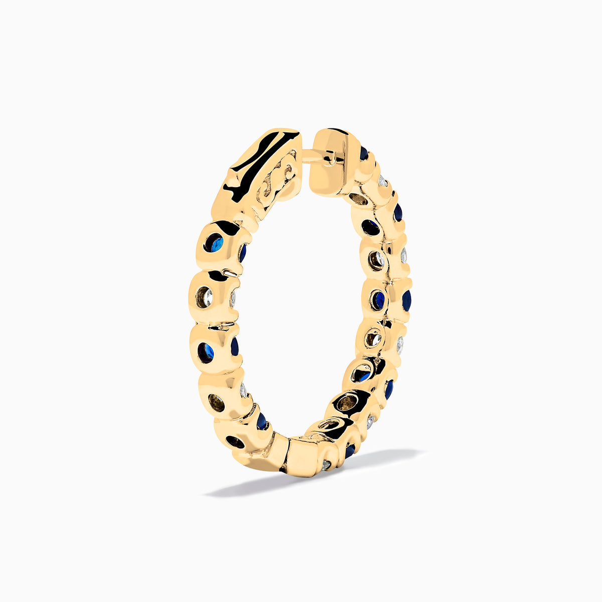 14K Yellow Gold Blue Sapphire & Diamond Hoop Earrings, 3.58 TCW, with alternating round blue sapphires and white diamonds, displayed on a plain white background.