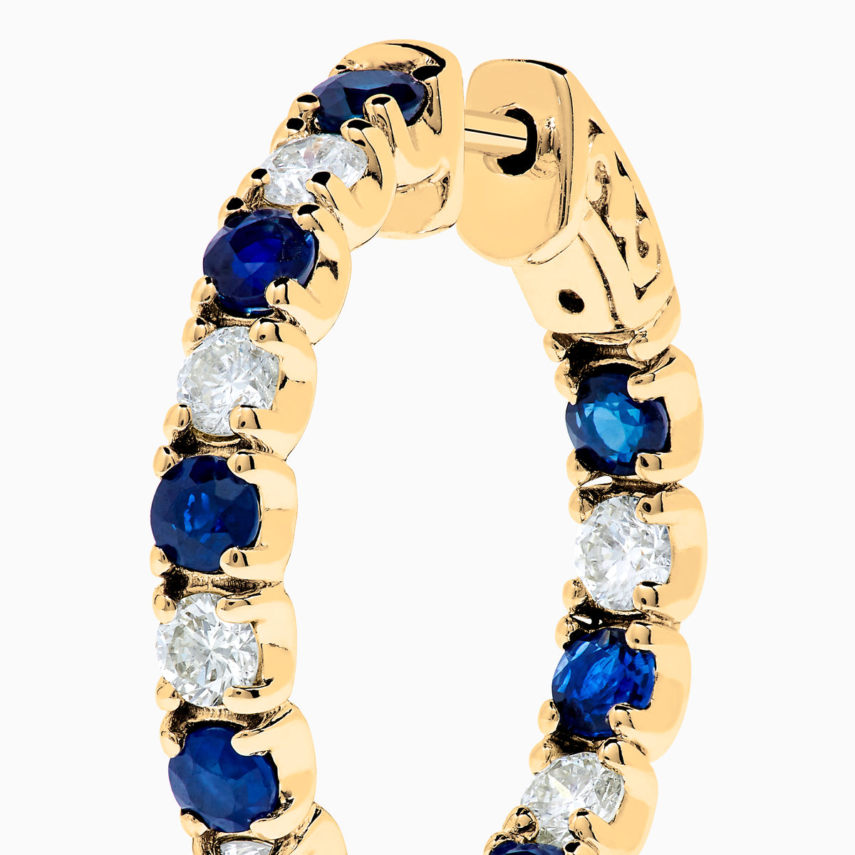 14K Yellow Gold Blue Sapphire & Diamond Hoop Earrings, 3.58 TCW, with alternating round blue sapphires and white diamonds, displayed on a plain white background.