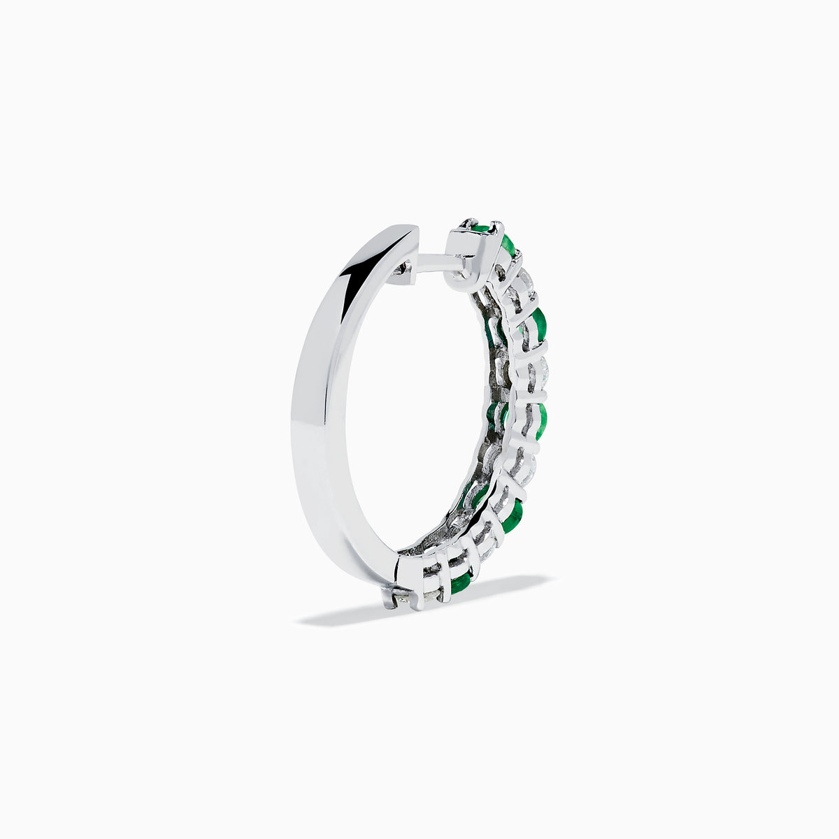 The 14K White Gold Emerald & Diamond Hoop Earrings, 1.35 TCW, feature alternating round emeralds and diamonds, showcased on a white background.