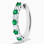 The 14K White Gold Emerald & Diamond Hoop Earrings, 1.35 TCW, feature alternating round emeralds and diamonds, showcased on a white background.