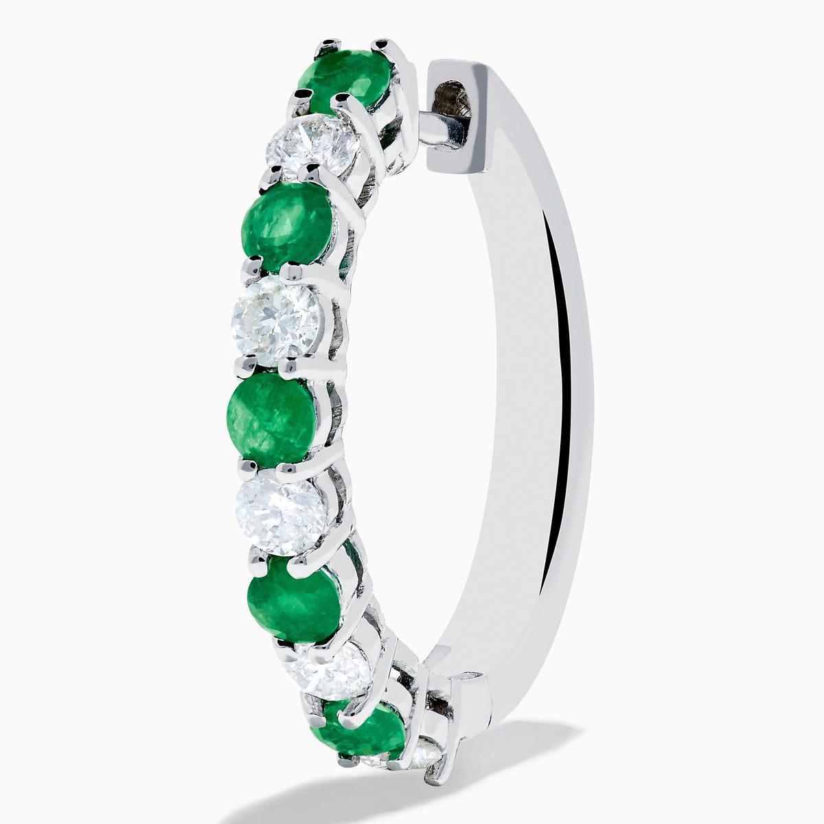 The 14K White Gold Emerald & Diamond Hoop Earrings, 1.35 TCW, feature alternating round emeralds and diamonds, showcased on a white background.