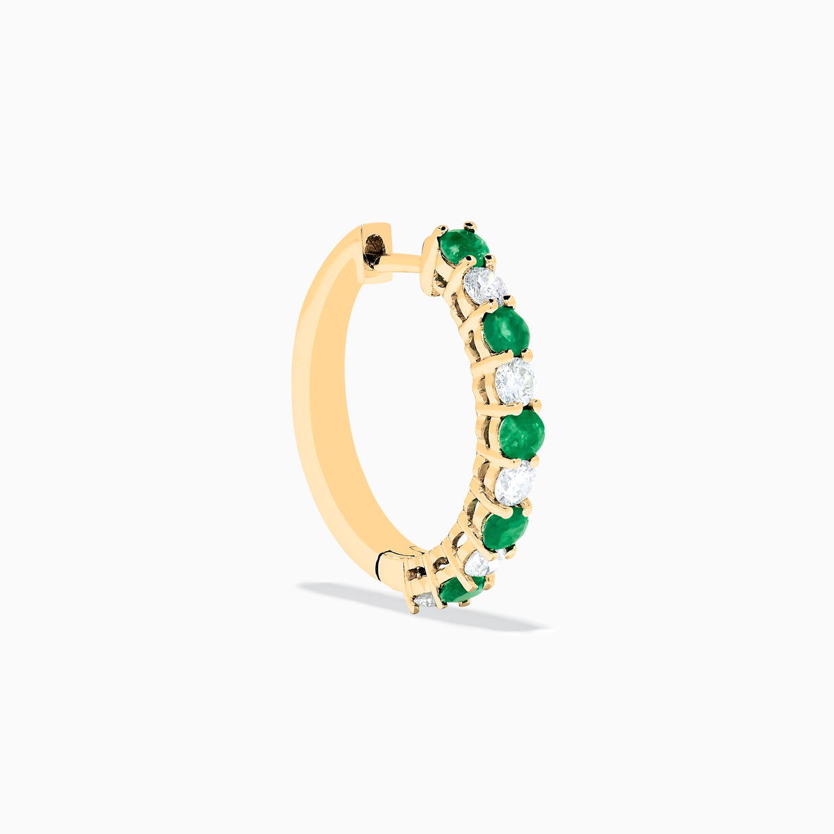 A pair of 14K Yellow Gold Emerald & Diamond Hoop Earrings, 1.35 TCW, featuring alternating round emeralds and diamonds, displayed on a white background.