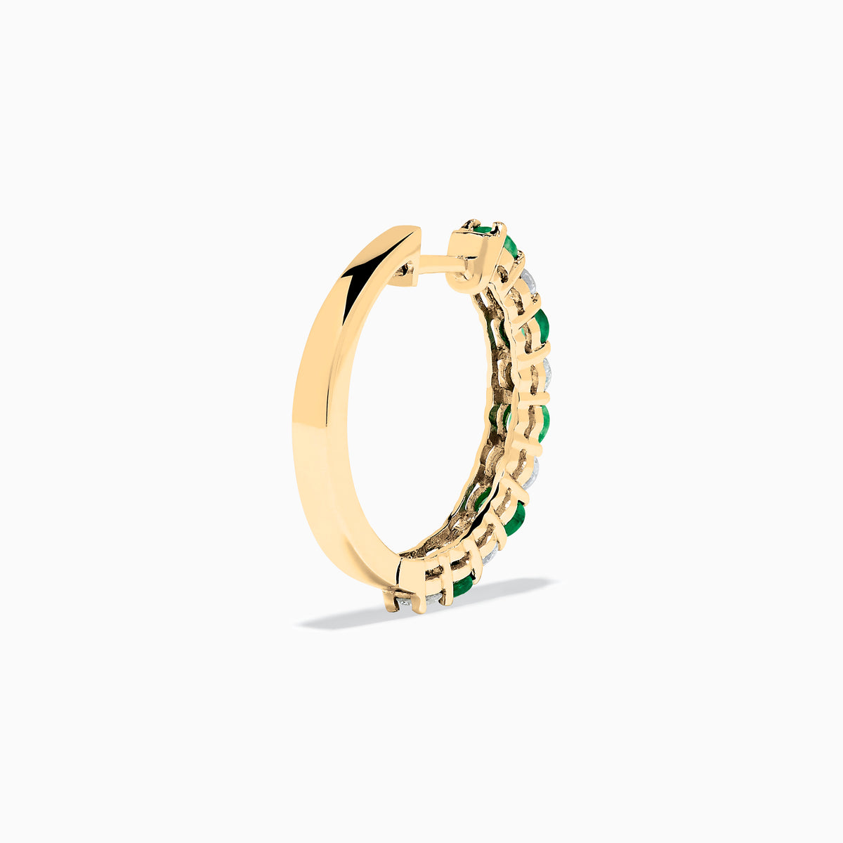 A pair of 14K Yellow Gold Emerald & Diamond Hoop Earrings, 1.35 TCW, featuring alternating round emeralds and diamonds, displayed on a white background.