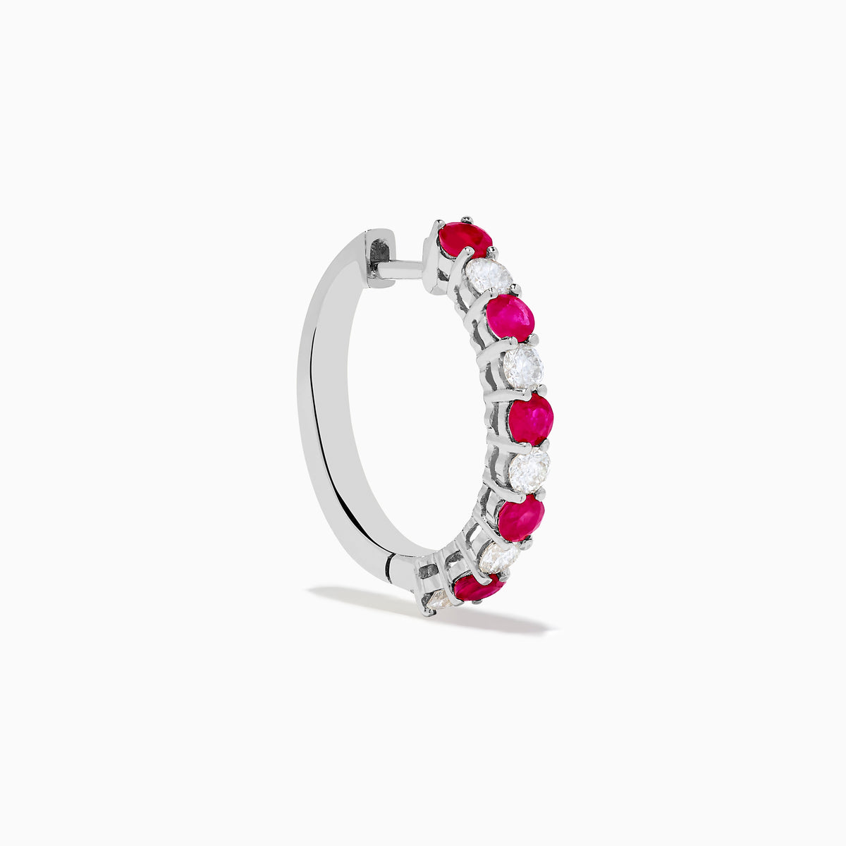 The 14K White Gold Ruby & Diamond Hoop Earrings, 1.35 TCW, feature alternating round red rubies and clear diamonds set in gleaming white gold, shown against a white background.