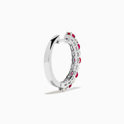 The 14K White Gold Ruby & Diamond Hoop Earrings, 1.35 TCW, feature alternating round red rubies and clear diamonds set in gleaming white gold, shown against a white background.