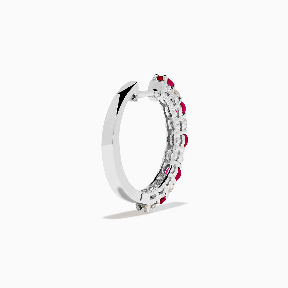 The 14K White Gold Ruby & Diamond Hoop Earrings, 1.35 TCW, feature alternating round red rubies and clear diamonds set in gleaming white gold, shown against a white background.