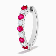The 14K White Gold Ruby & Diamond Hoop Earrings, 1.35 TCW, feature alternating round red rubies and clear diamonds set in gleaming white gold, shown against a white background.