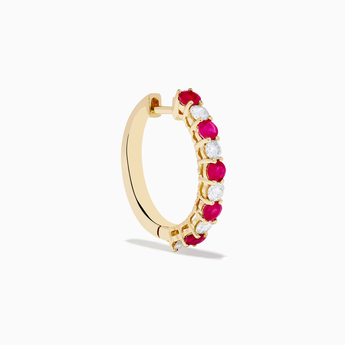 14K Yellow Gold Ruby & Diamond Hoop Earrings, 1.35 TCW, featuring alternating round white diamonds and vivid pink rubies, displayed against a white background.