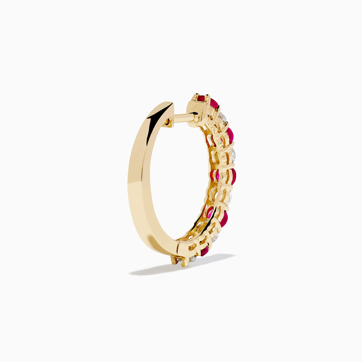 14K Yellow Gold Ruby & Diamond Hoop Earrings, 1.35 TCW, featuring alternating round white diamonds and vivid pink rubies, displayed against a white background.