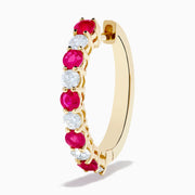 14K Yellow Gold Ruby & Diamond Hoop Earrings, 1.35 TCW, featuring alternating round white diamonds and vivid pink rubies, displayed against a white background.