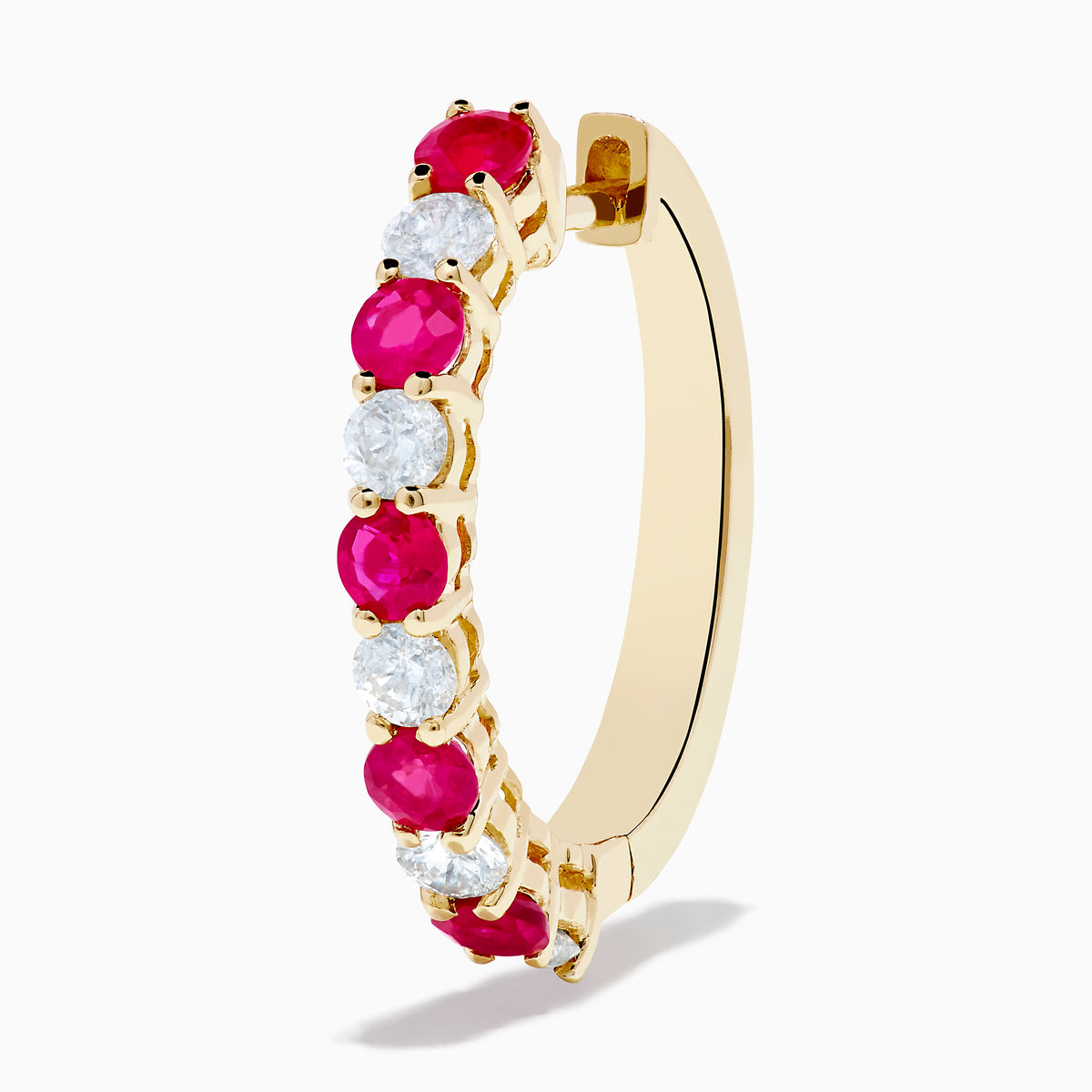 14K Yellow Gold Ruby & Diamond Hoop Earrings, 1.35 TCW, featuring alternating round white diamonds and vivid pink rubies, displayed against a white background.