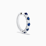 14K White Gold Blue Sapphire & Diamond Hoop Earrings, 1.35 TCW, featuring alternating sapphires and diamonds in a classic hoop design, shown against a white background with soft shadows.