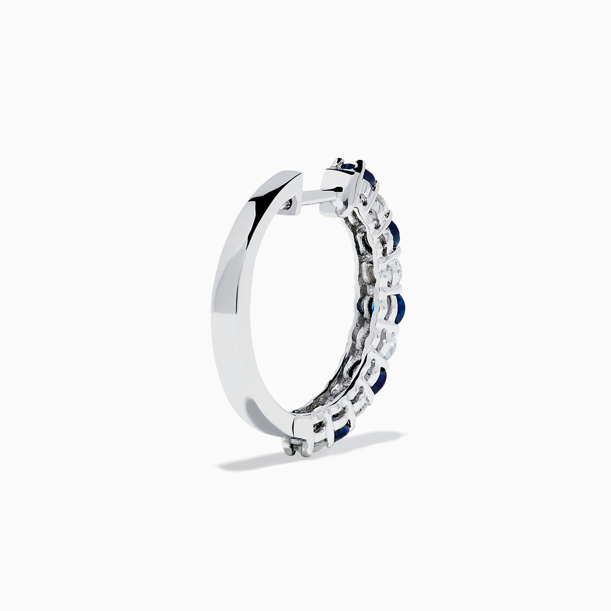 14K White Gold Blue Sapphire & Diamond Hoop Earrings, 1.35 TCW, featuring alternating sapphires and diamonds in a classic hoop design, shown against a white background with soft shadows.