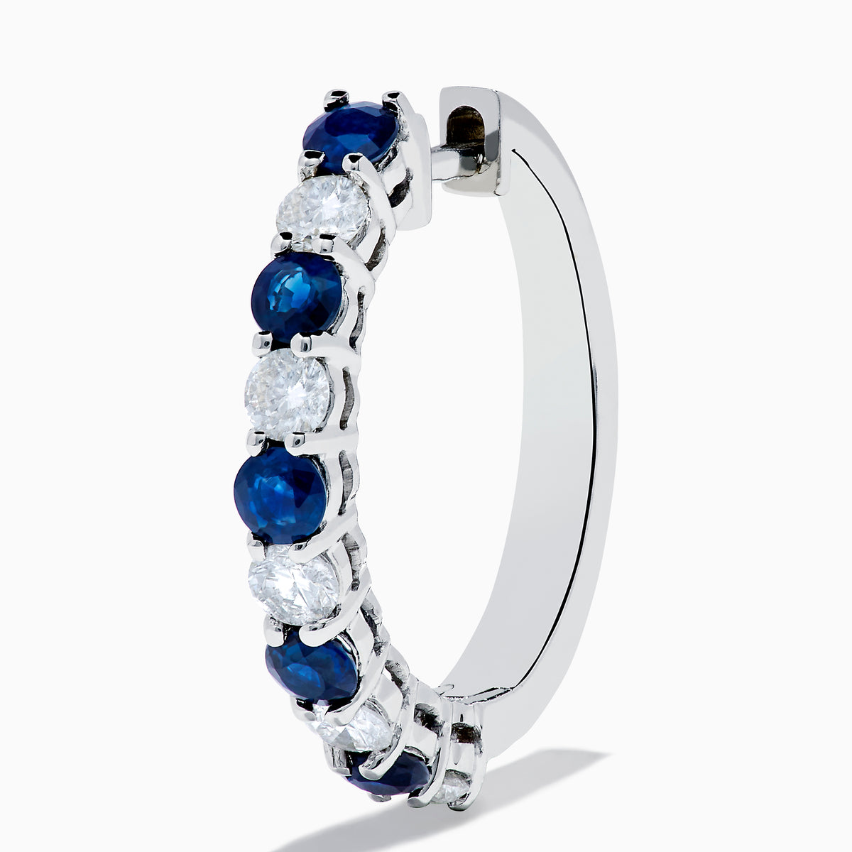 14K White Gold Blue Sapphire & Diamond Hoop Earrings, 1.35 TCW, featuring alternating sapphires and diamonds in a classic hoop design, shown against a white background with soft shadows.
