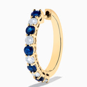 14K Yellow Gold Blue Sapphire & Diamond Hoop Earrings, 1.35 TCW, featuring alternating round blue sapphires and clear diamonds, shown against a plain white background.