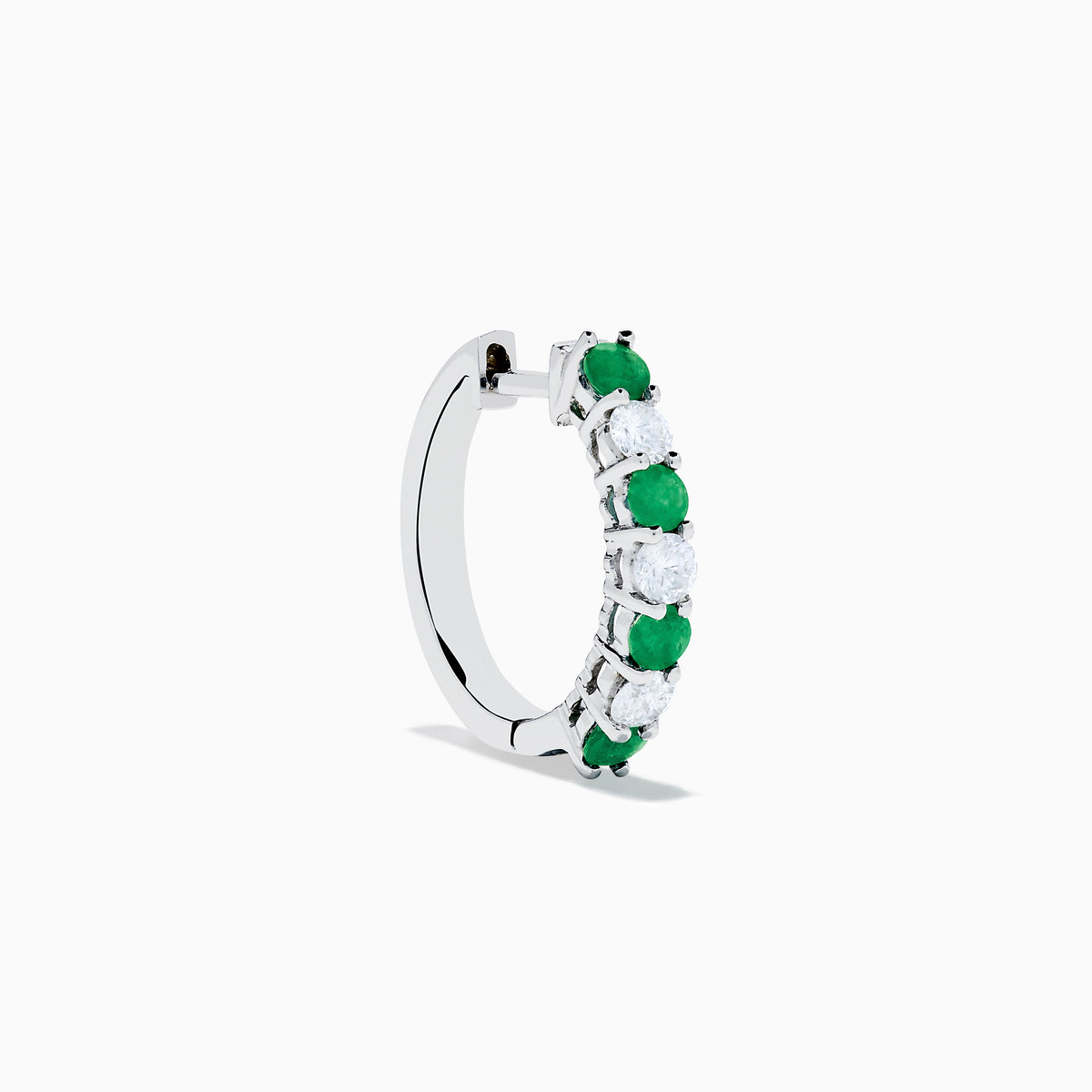 A pair of 14K white gold emerald & diamond hoop earrings, 1.10 TCW, featuring alternating green and clear gemstones set in a silver band, displayed on a white background with soft shadows.
