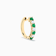 14K Yellow Gold Emerald & Diamond Hoop Earrings, 1.10 TCW, featuring alternating emerald and diamond stones, are shown on a white background with soft shadows.
