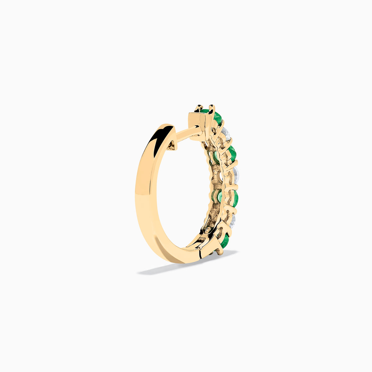 14K Yellow Gold Emerald & Diamond Hoop Earrings, 1.10 TCW, featuring alternating emerald and diamond stones, are shown on a white background with soft shadows.