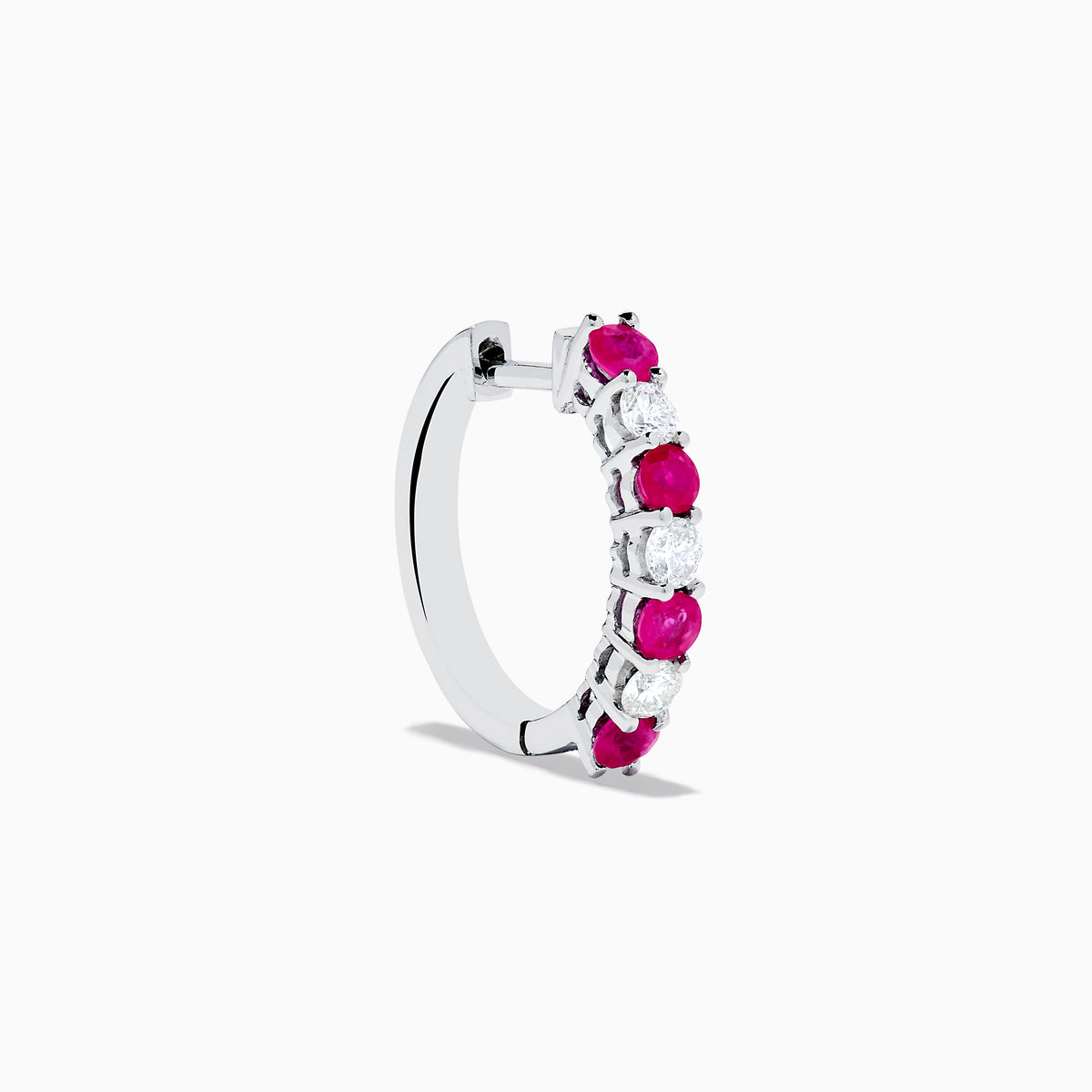 A pair of 14K White Gold Ruby & Diamond Hoop Earrings, 1.10 TCW, featuring alternating round red rubies and clear diamonds, displayed on a white background with each earring casting a soft shadow.