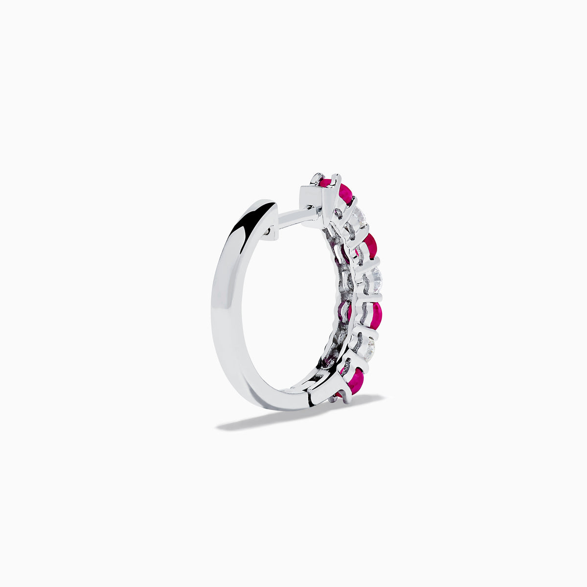 A pair of 14K White Gold Ruby & Diamond Hoop Earrings, 1.10 TCW, featuring alternating round red rubies and clear diamonds, displayed on a white background with each earring casting a soft shadow.
