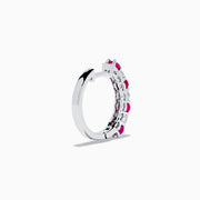 A pair of 14K White Gold Ruby & Diamond Hoop Earrings, 1.10 TCW, featuring alternating round red rubies and clear diamonds, displayed on a white background with each earring casting a soft shadow.