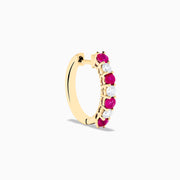 14K yellow gold hoop earrings featuring alternating round rubies and diamonds (1.10 TCW), shown on a white background.