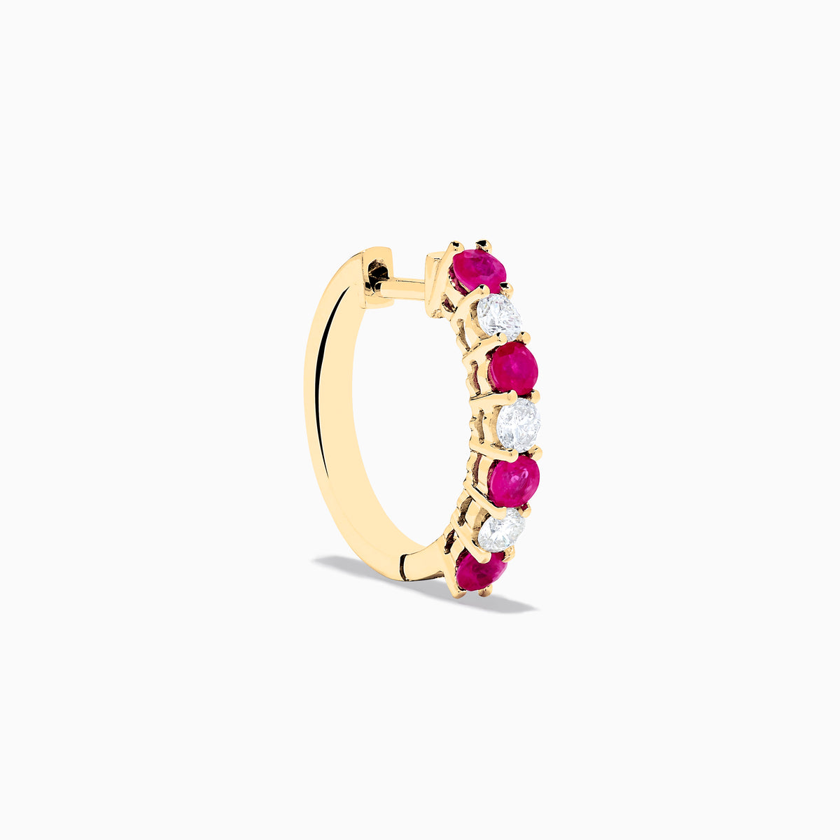 14K yellow gold hoop earrings featuring alternating round rubies and diamonds (1.10 TCW), shown on a white background.