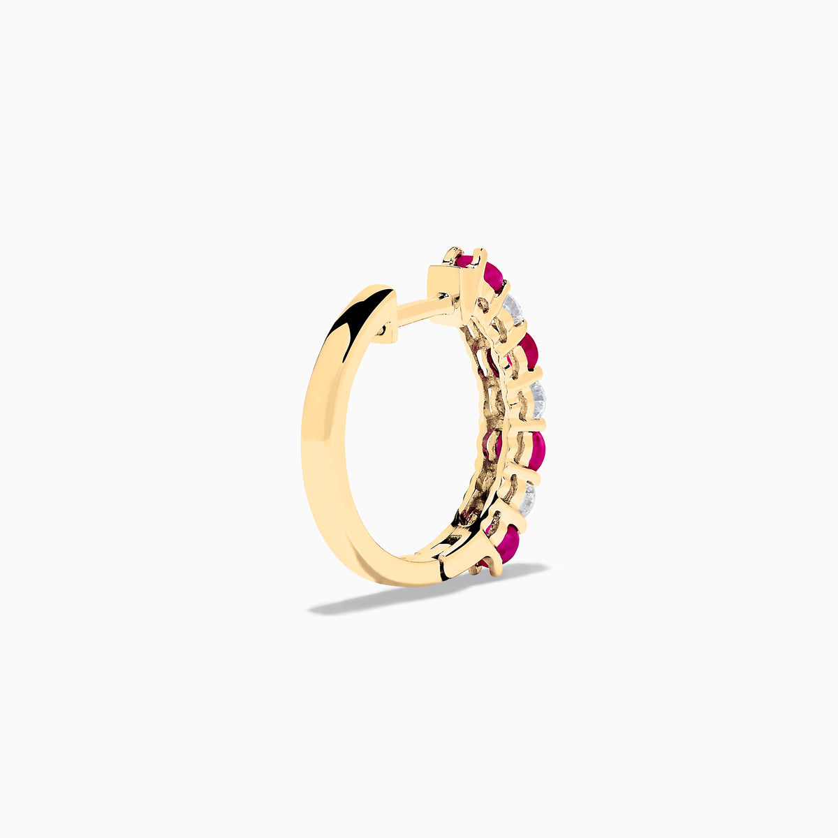 14K yellow gold hoop earrings featuring alternating round rubies and diamonds (1.10 TCW), shown on a white background.