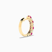 14K yellow gold hoop earrings featuring alternating round rubies and diamonds (1.10 TCW), shown on a white background.